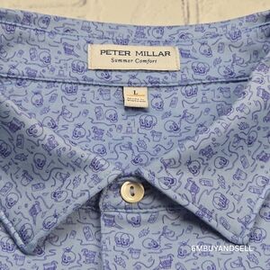 Peter Millar Summer Comfort  Men's Blue Golf Polo Shirt Skull Halloween Theme L